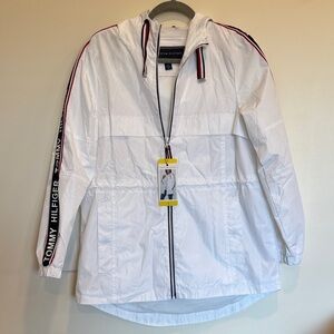 Tommy Hilfiger White Hooded Jacket with Red and Blue Accents Size Small